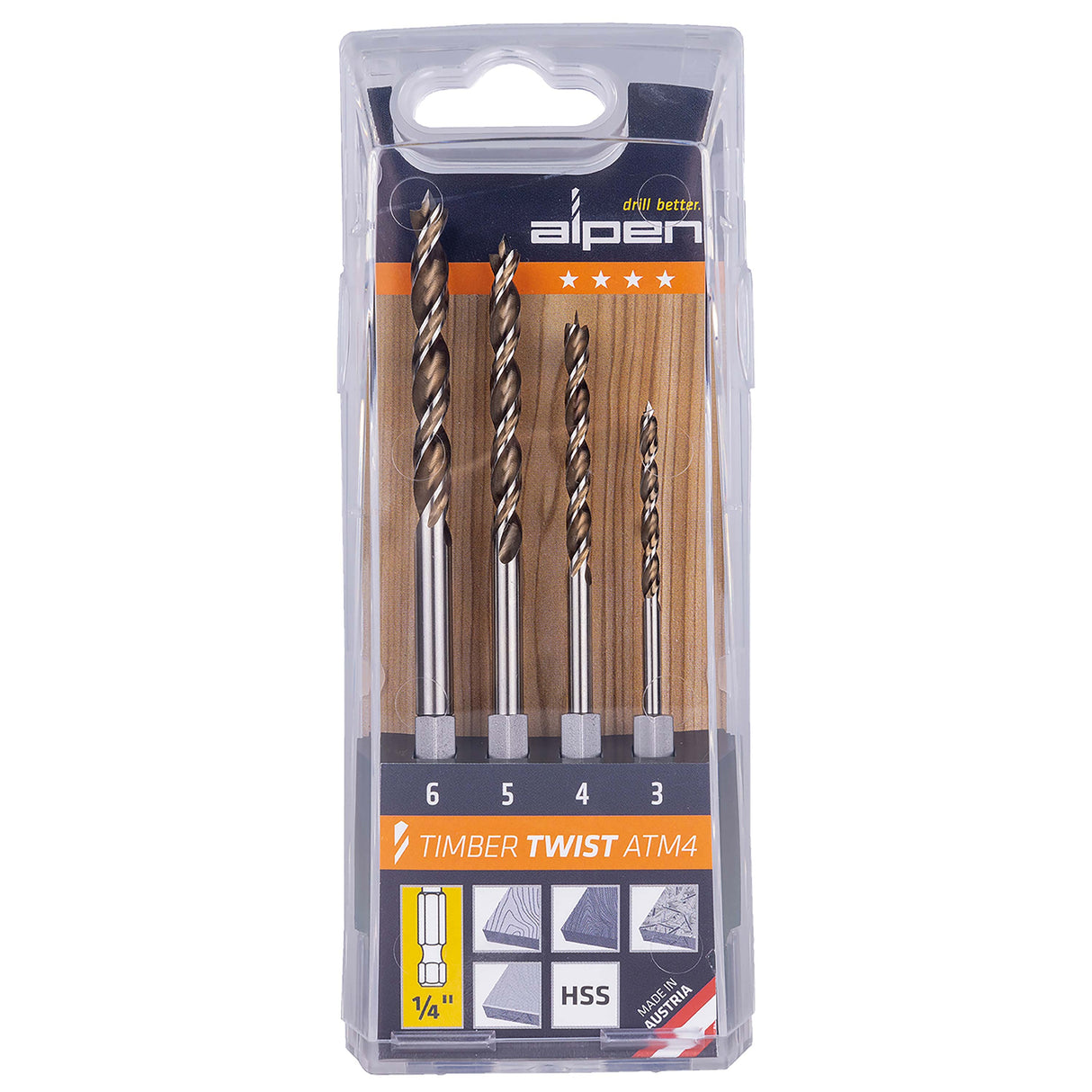 ALPEN 4-teilige Holzbohrer-Kassette ATM 4 mit 6-Kant-Schaft - Ø 3 / 4 / 5 / 6 mm - 0067500004100
