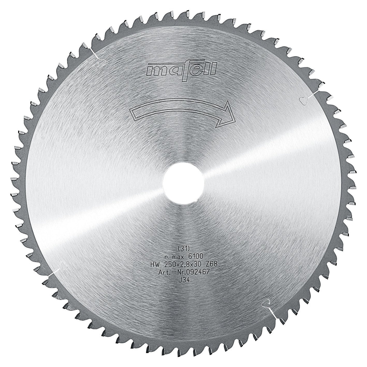 Mafell HM saw blade, 250 x 1.8/2.8 x 30 mm, 68 teeth, FZ/TR, for plastic and aluminum profiles - 092467