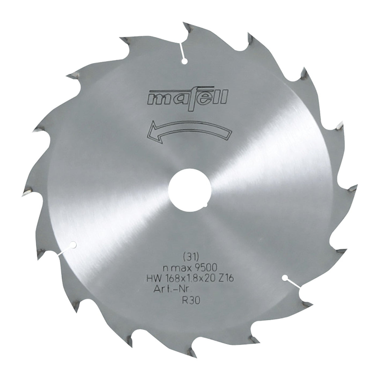 Mafell HM saw blade, 168 x 1.2/1.8 x 20 mm, 16 teeth, WZ, for longitudinal cuts in wood - 092476
