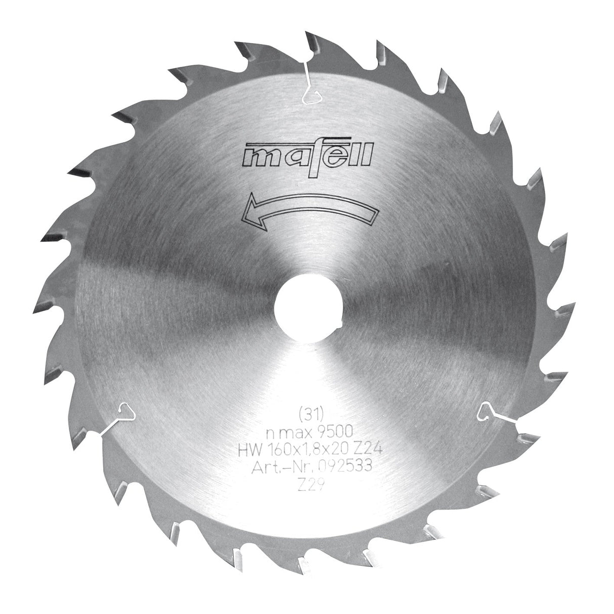 Mafell HM saw blade, 160 x 1.2 / 1.8 x 20 mm, 24 teeth, WZ, for universal use in wood - 092533