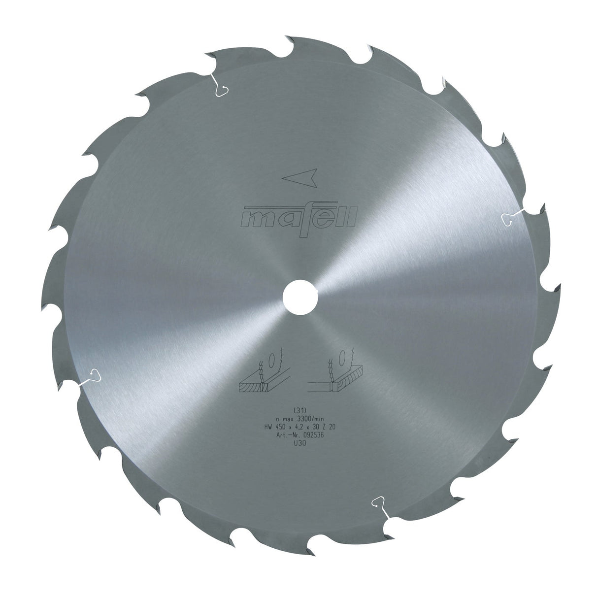 Mafell HM saw blade, 450 x 2.5/4.2 x 30 mm, 20 teeth, WZ, for universal use in wood - 092536