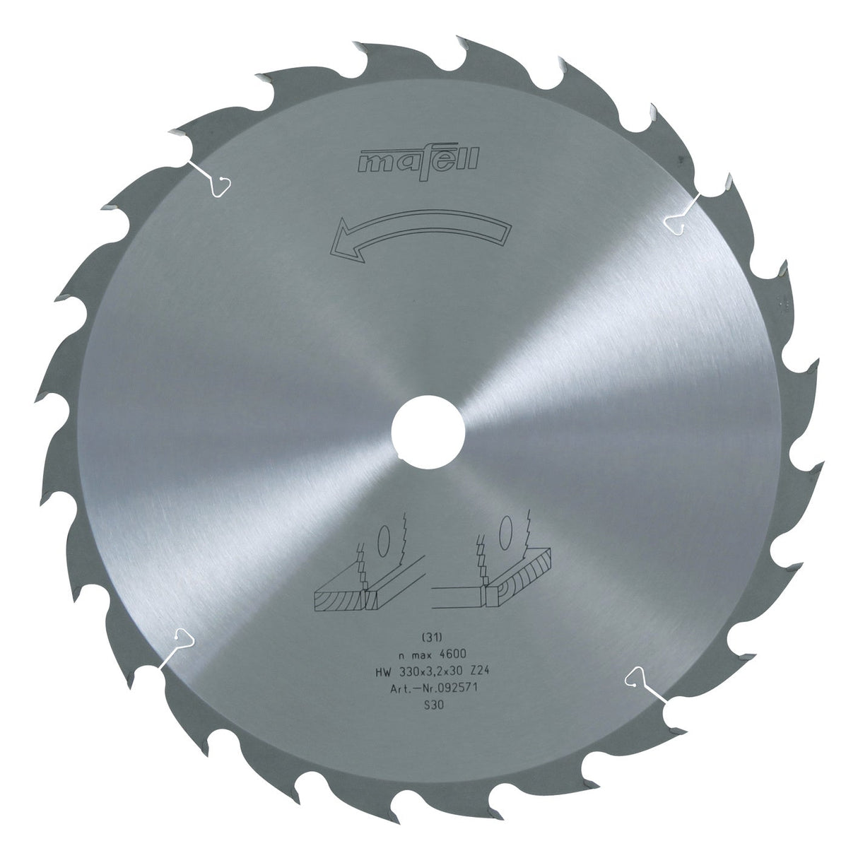 Mafell HM saw blade, 330 x 2.2/3.2 x 30 mm, 24 teeth, WZ, for universal use in wood - 092571