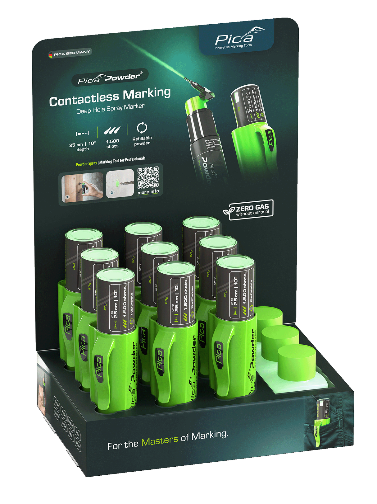 PICA® Powder Spraymarker-Display (9 Marker + 3 Refills) für Bohrlöcher, nachfüllbar - 2050