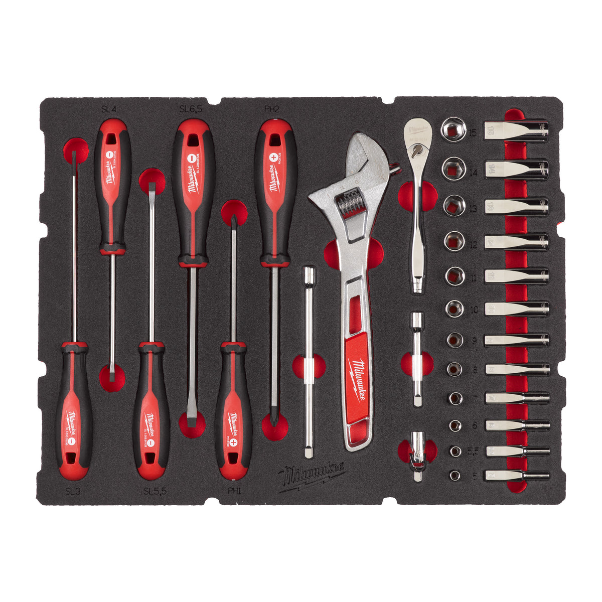 Milwaukee 1/4" Ratschen- u. Steckschlüsseleinsätze, Tri-Lobe-Schraubendreher & Rollgabelschlüssel Einlage 35-teilige Einlage für PACKOUT Koffer mit Schubladen – Produktbild 1