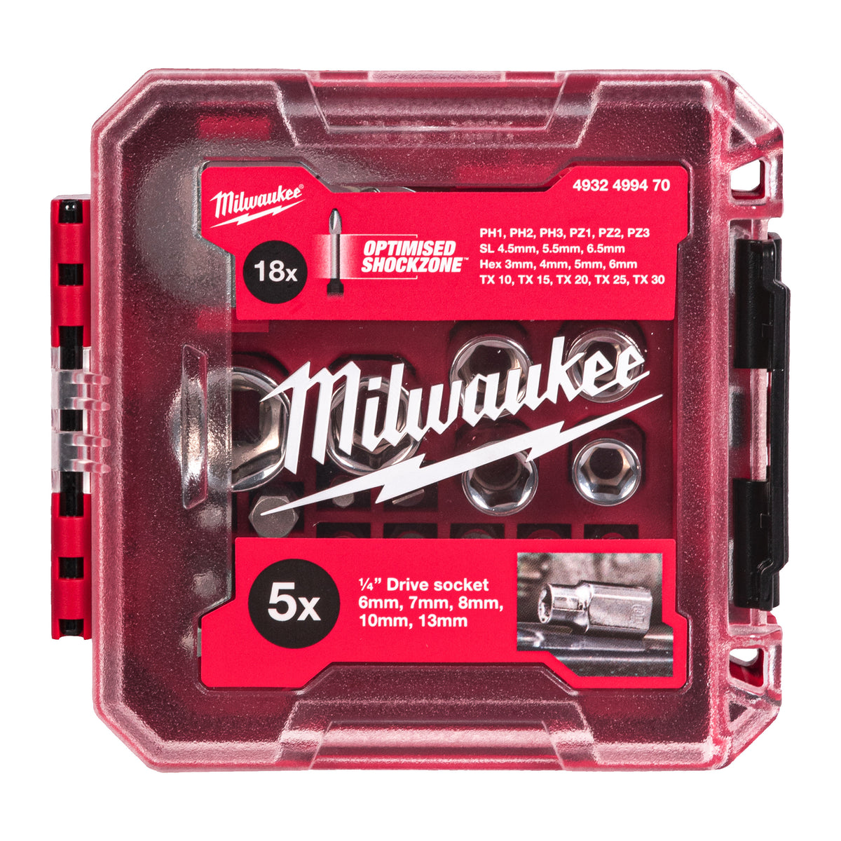 Milwaukee 1/4" Kompakt-Ratschen-, Standard Steckschlüsseleinsätze und Bit-Set metrisch, 25-teilig, in PACKOUT kompatibler Kassette – Produktbild 1