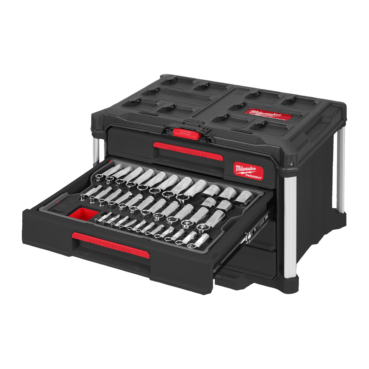 Milwaukee 1/4", 3/8" & 1/2" Ratschen- u. Steckschlüsseleinsätze Set 244-teiliges Set im PACKOUT Koffer mit Schubladen – Produktbild 1