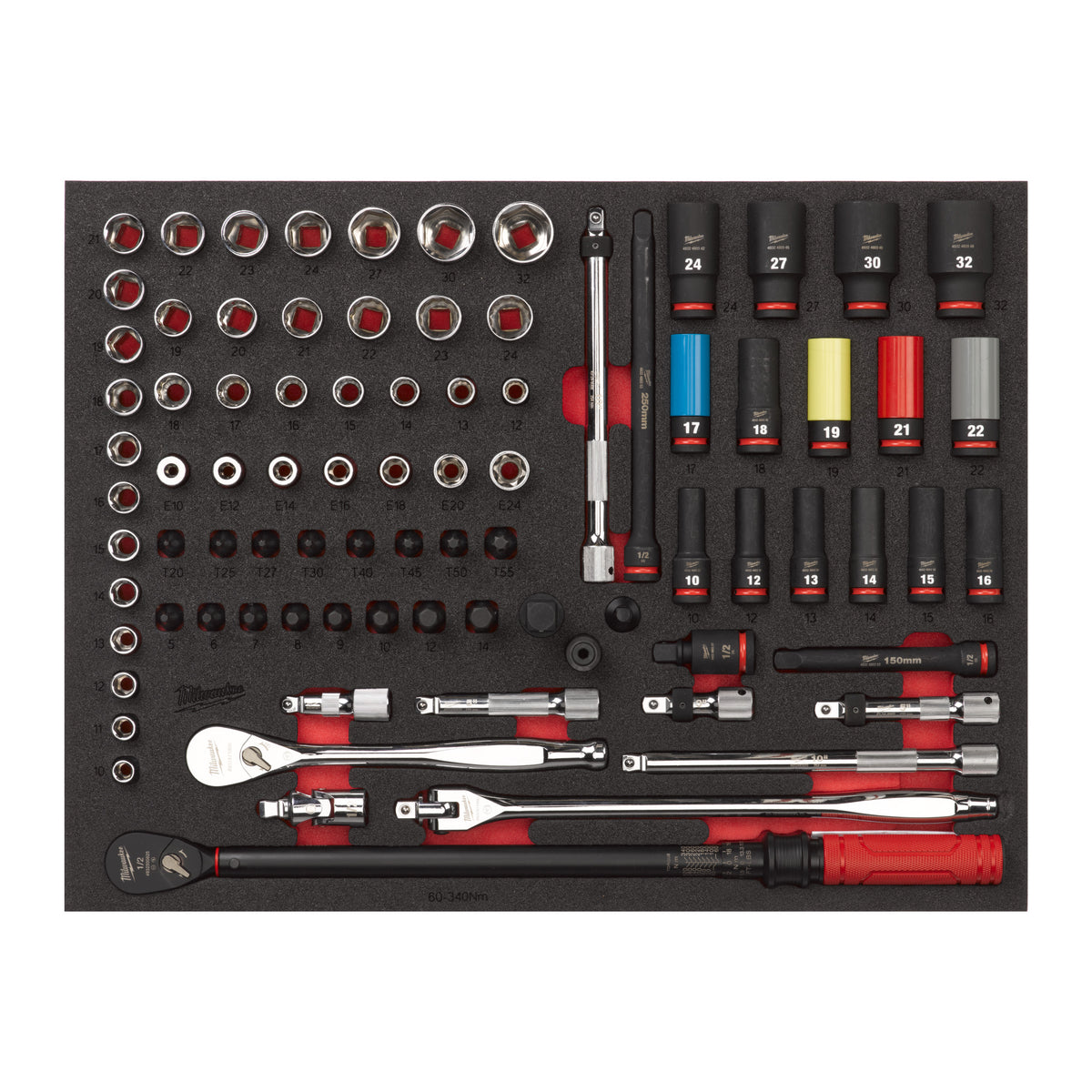 Milwaukee 1/2" Ratschen und SHOCKWAVE Schlagnuss Einlage 85-teilige Einlage für Werkstattwagen 36"/46" – Produktbild 1