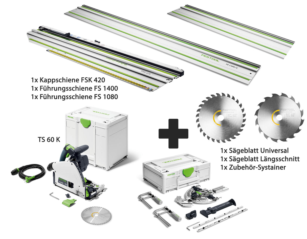 SET OFFER: Festool TS 60 KEBQ-Plus plunge saw + miter rail + guide rail + accessories