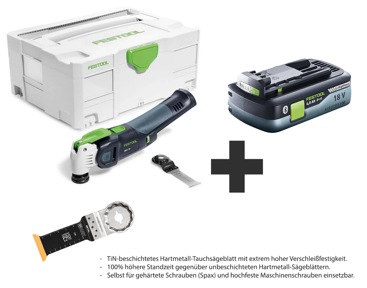 BUNDLE: Festool Akku-Oszillierer OSC 18 E-Basic VECTURO + 4.0 Ah Akkupack + Carbide-Sägeblatt