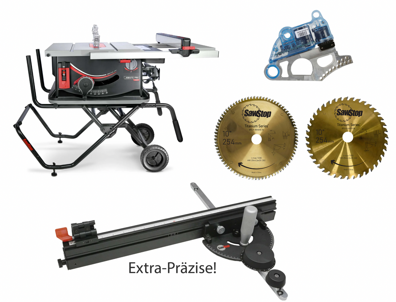 BUNDLE: SAWSTOP mobile Baustellen-Tischkreissäge, 80mm Schnitthöhe + PROFI Gehrungs-Winkelanschlag + Zubehör