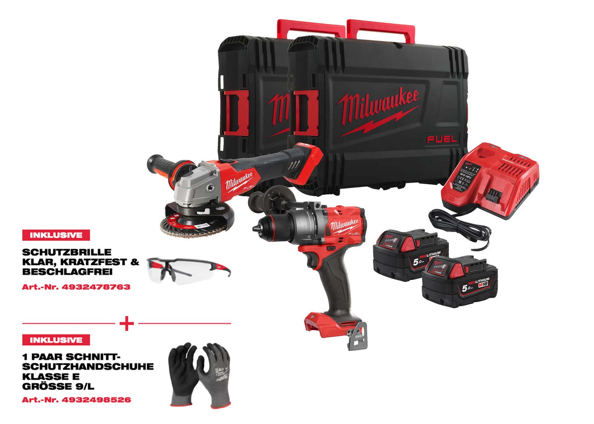 Aktion: Milwaukee M18 FUEL™ Akku-Werkzeug-Set Akku-Schrauber + Ø 125mm Winkelschleifer + Schutzbrille + Handschuhe
