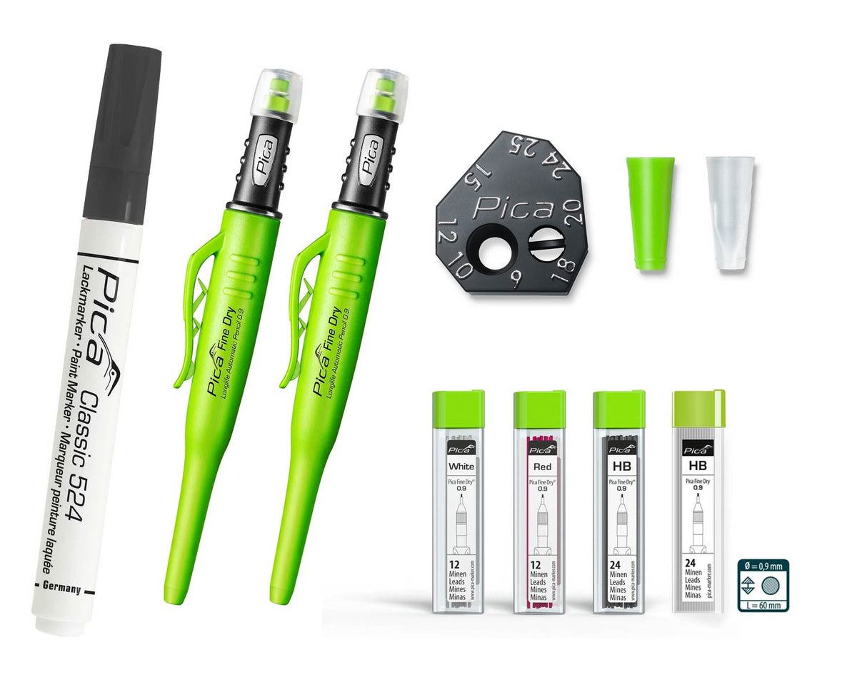 BUNDLE: 2x Pica Fine Dry - Minenbleistift mit 0.9mm Mine mit Minen und Zubehör