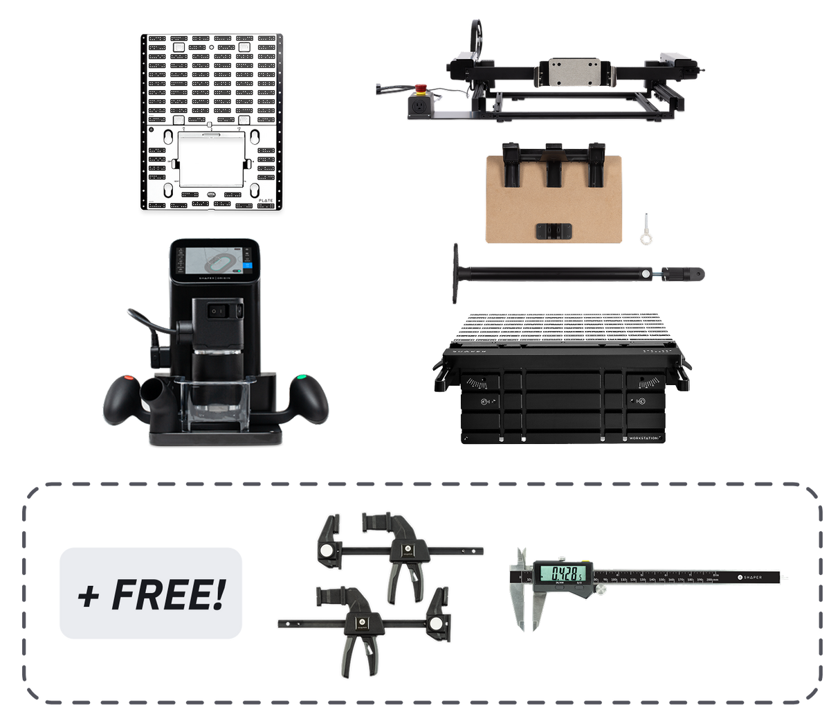 SET: Shaper Origin + Benchpilot + Workstation + Werkstückträger-Upgrade-Kit + Plate + Kantenanschlag