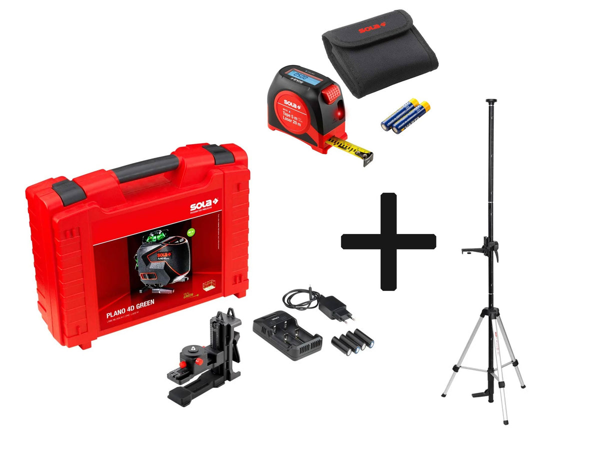 BUNDLE: SOLA 360° Linienlaser PLANO 4D GREEN + Universal Klemmstativ UTC + digitales Massband mit Laser-Entfernungsmesser METEC