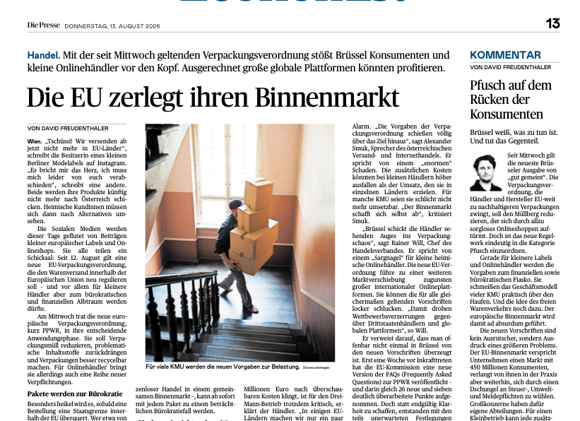 Die Presse-Artikel: Brüssel baut den bürokratischen und finanziellen Albtraum für kleine Onlineshops