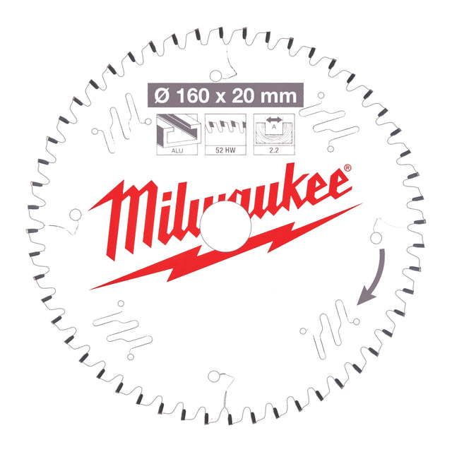 Milwaukee Kreissägeblatt Holz/Alu für Handkreissägen Ø 160 x 20 mm Z52 Flachtrapezzahn – Produktbild 1