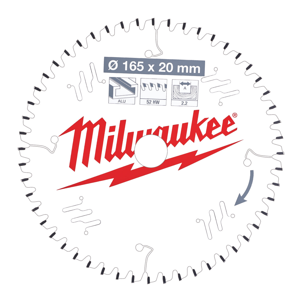 Milwaukee Kreissägeblatt Holz/Alu für Handkreissägen Ø 165 x 20 mm Z52 Flachtrapezzahn negativ – Produktbild 1
