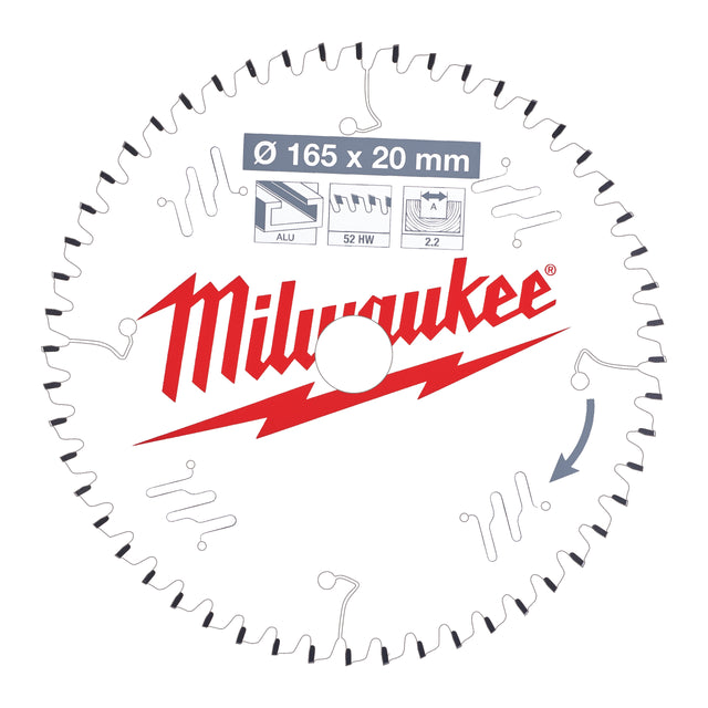 Milwaukee Kreissägeblatt Holz/Alu für Handkreissägen Ø 165 x 20 mm Z52 Flachtrapezzahn negativ – Produktbild 1
