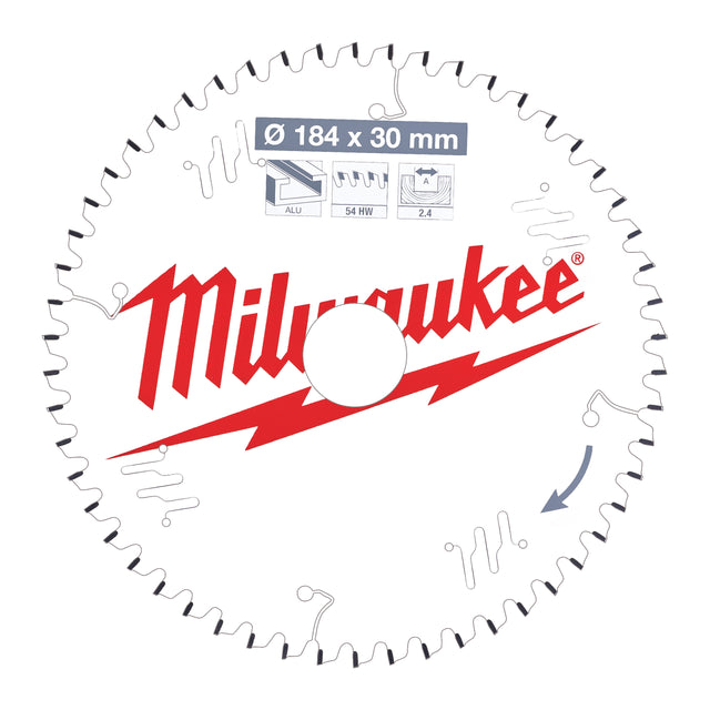 Milwaukee Kreissägeblatt Holz/Alu für Handkreissägen Ø 184 x 30 mm Z54 Flachtrapezzahn negativ – Produktbild 1