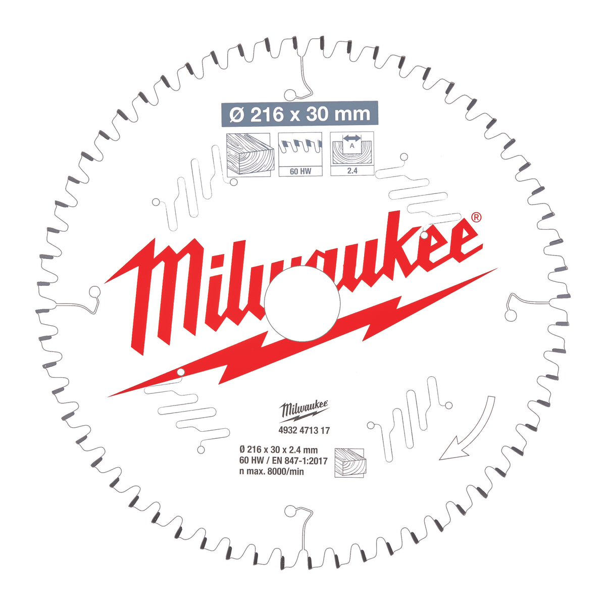 Milwaukee Sägeblatt Holz für Kapp- und Gehrungssägen Ø 216 x 30 mm Z60 Wechselzahn negativ – Produktbild 1