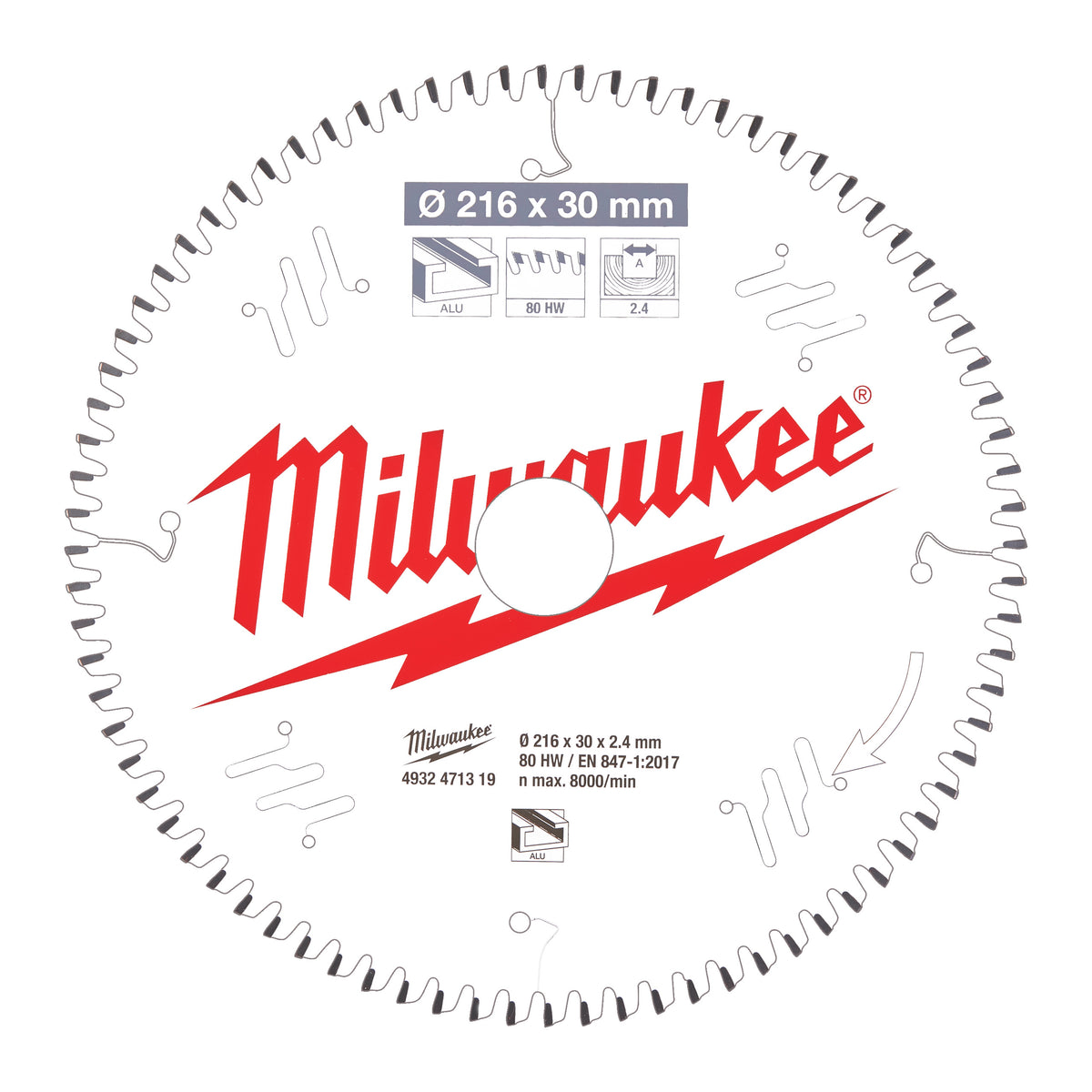 Milwaukee Sägeblatt Alu für Kapp- und Gehrungssägen Ø 216 x 30 mm Z80 Flachtrapezzahn negativ – Produktbild 1