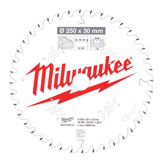 Milwaukee Sägeblatt Holz für Kapp- und Gehrungssägen Ø 250 x 30 mm Z40 Wechselzahn – Produktbild 1