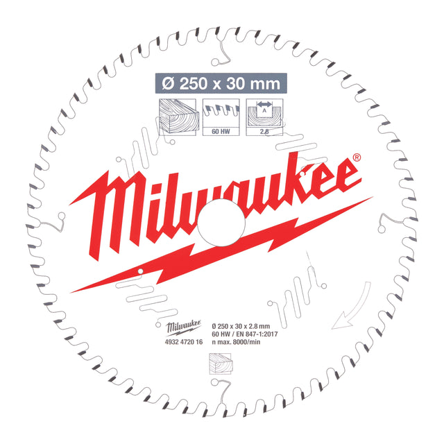 Milwaukee Sägeblatt Holz für Kapp- und Gehrungssägen Ø 250 x 30 mm Z60 Wechselzahn – Produktbild 1