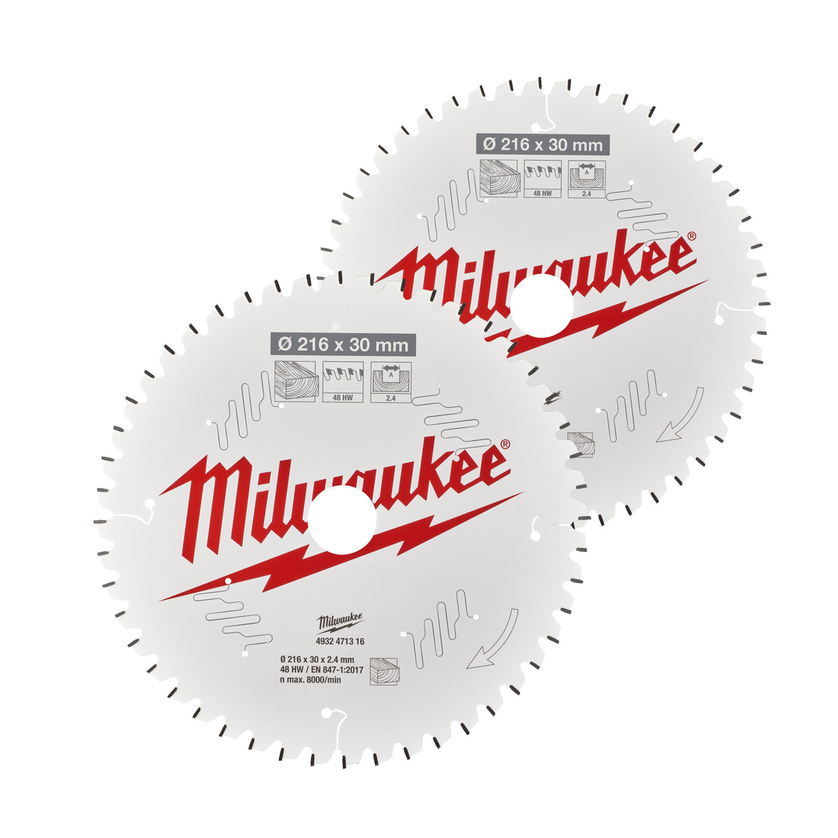 Milwaukee Sägeblatt Holz für Kapp- und Gehrungssägen Doppelpack 216/30 mm Z48 Wechselzahn negativ u. 216/30 mm Z60 Wechselzahn negativ – Produktbild 1