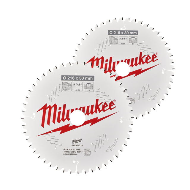 Milwaukee Sägeblatt Holz für Kapp- und Gehrungssägen Doppelpack 216/30 mm Z48 Wechselzahn negativ u. 216/30 mm Z60 Wechselzahn negativ – Produktbild 1