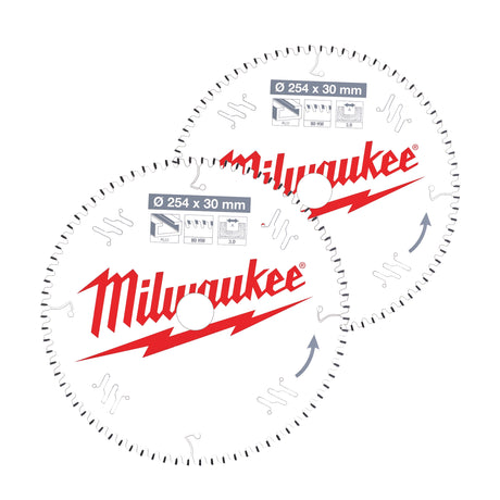 Milwaukee Sägeblatt für Akku-Kapp- und Gehrungssägen Doppelpack 254/30 mm Z60 Wechselzahn negativ u. 254/30 mm Z80 Flachtrapezzahn negativ – Produktbild 1