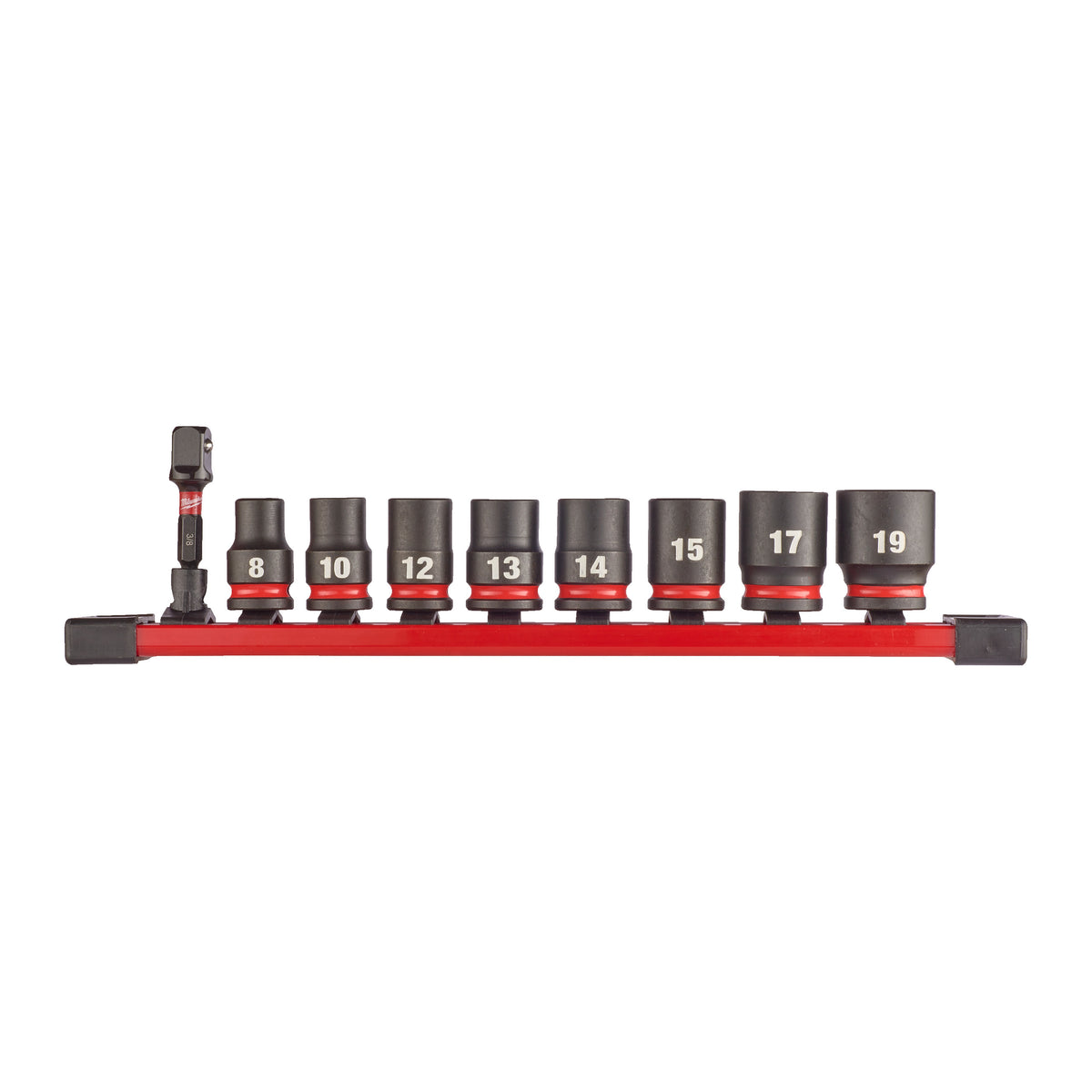 Milwaukee SHOCKWAVE Schlagnuss 3/8" kurz Set – 9-teiliges Set auf Schiene – Produktbild 1