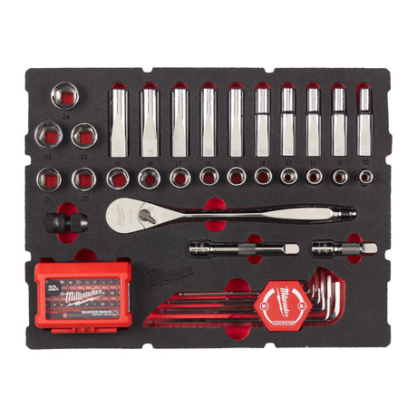 Milwaukee Sechskantschlüssel, SHOCKWAVE Bits & 1/2" Ratschen u. Steckschlüsseleinsätze Einlage 70-teilige Einlage für PACKOUT Koffer mit Schubladen – Produktbild 1