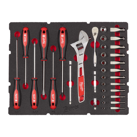 Milwaukee 1/4" Ratschen- u. Steckschlüsseleinsätze, Tri-Lobe-Schraubendreher & Rollgabelschlüssel Einlage 35-teilige Einlage für PACKOUT Koffer mit Schubladen – Produktbild 1