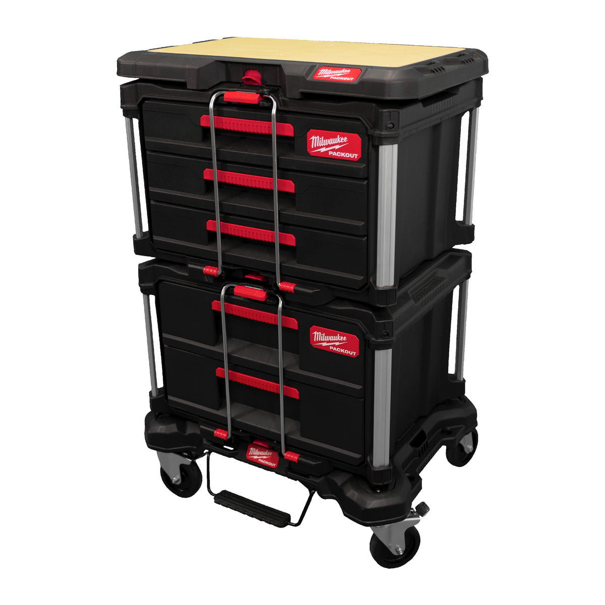 Milwaukee PACKOUT Starter-Set Automotive 4-teilig PACKOUT Rollbrett, Koffer mit 2 Schubladen, Koffer mit 3 Schubladen u. Holz-Arbeitsplatte - 4932492892
