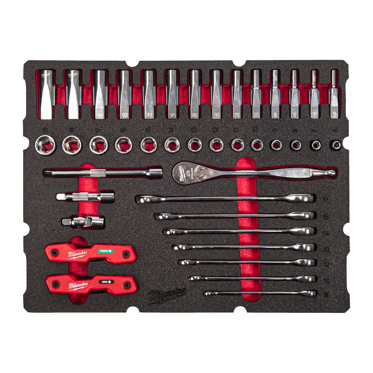 Milwaukee 3/8" Ratschen- u. Steckschlüsseleinsätze, Ratschen-Ringmaulschlüssel Einlage 55-teilige Einlage für PACKOUT Koffer mit Schubladen – Produktbild 1