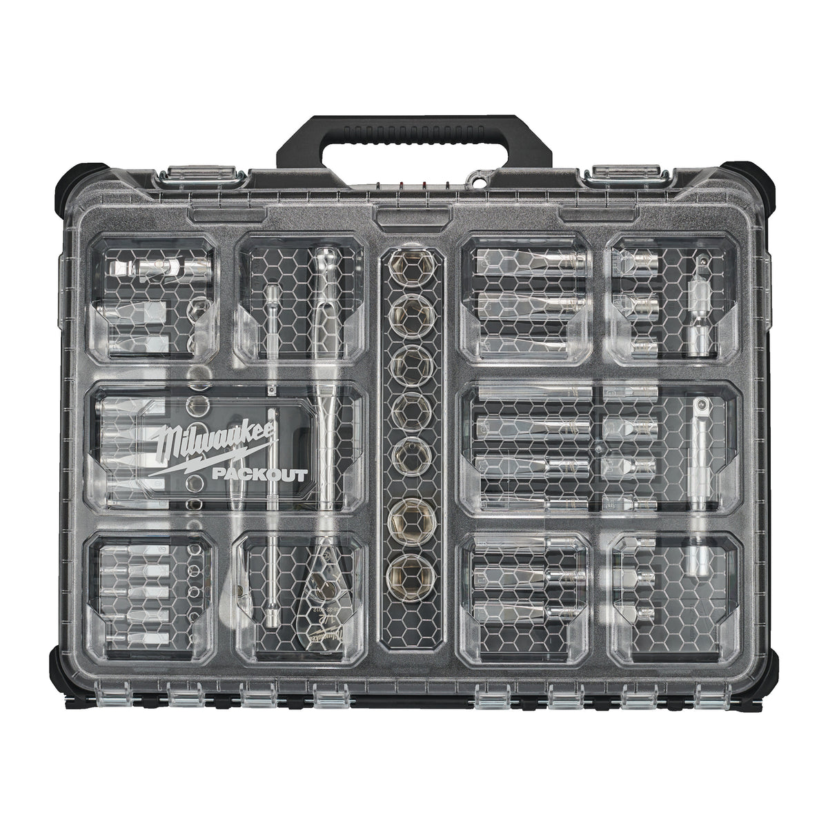 Milwaukee Ratschen- und Steckschlüsseleinsatz Set 1/4" und 1/2" metrisch und imperial 63-teilig im PACKOUT Organiser Compact – Produktbild 1