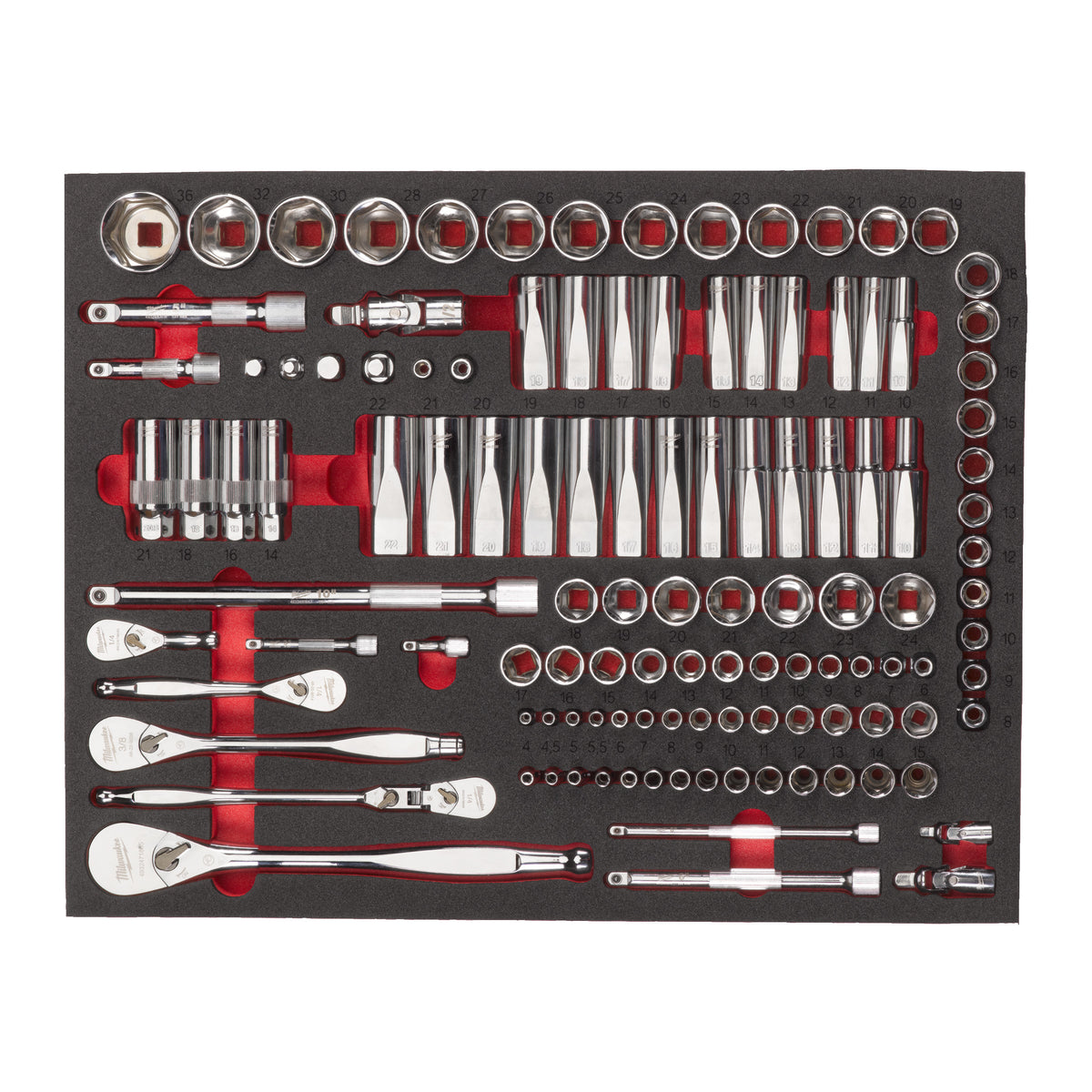 Milwaukee 1/4", 3/8" und 1/2" Ratschen- & Steckschlüsseleinsätze Einlage 119-teilige Einlage für Werkstattwagen 78 cm – Produktbild 1