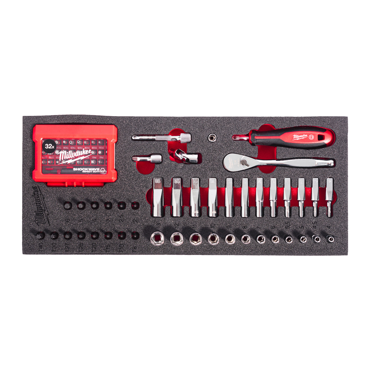 Milwaukee 1/4" Ratschen, Handgriff, Steckschlüssel- & Bit-Steckschlüsseleinsätze Einlage 45-teilige Einlage für Werkstattwagen 78 cm – Produktbild 1