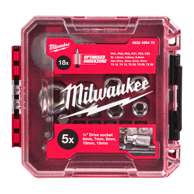 Milwaukee 1/4" Kompakt-Ratschen-, Standard Steckschlüsseleinsätze und Bit-Set metrisch, 25-teilig, in PACKOUT kompatibler Kassette – Produktbild 1
