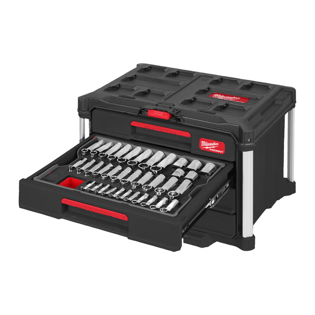 Milwaukee 1/4", 3/8" & 1/2" Ratschen- u. Steckschlüsseleinsätze Set 244-teiliges Set im PACKOUT Koffer mit Schubladen – Produktbild 1