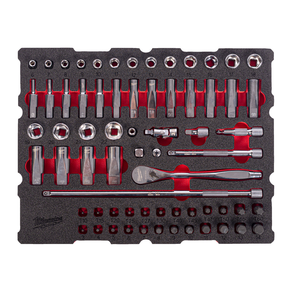 Milwaukee 3/8" Ratschen- u. Steckschlüsseleinsätze Einlage 67-teilige Einlage für PACKOUT Koffer mit Schubladen – Produktbild 1