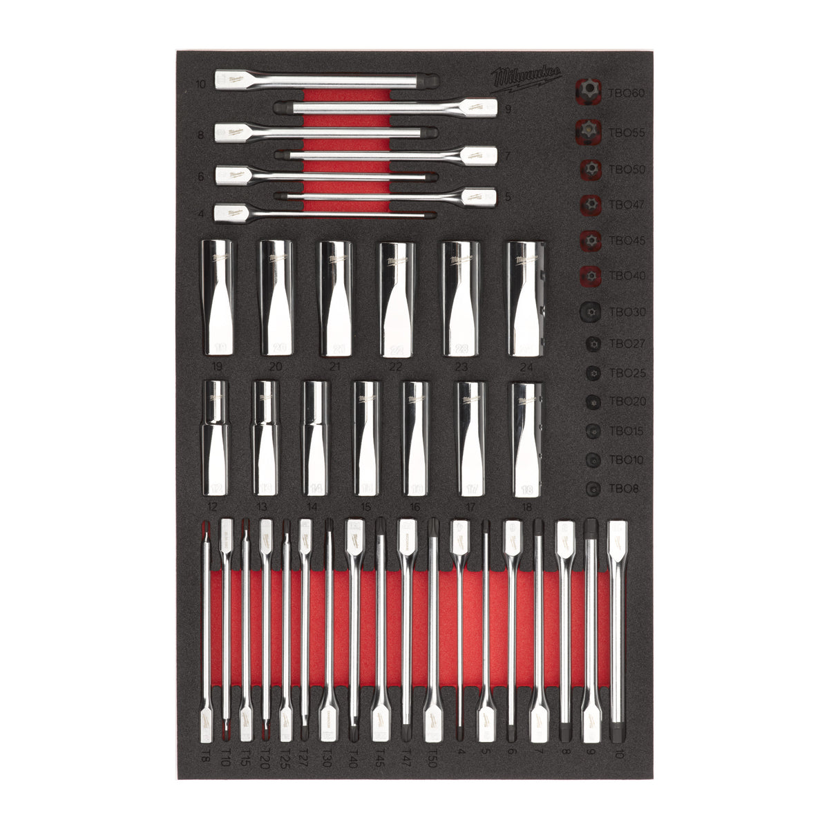 Milwaukee 1/4", 3/8" & 1/2" Ratschen-, Bit- & Steckschlüsseleinsätze Einlage 51-teilige Einlage für Werkstattwagen 36"/46" – Produktbild 1