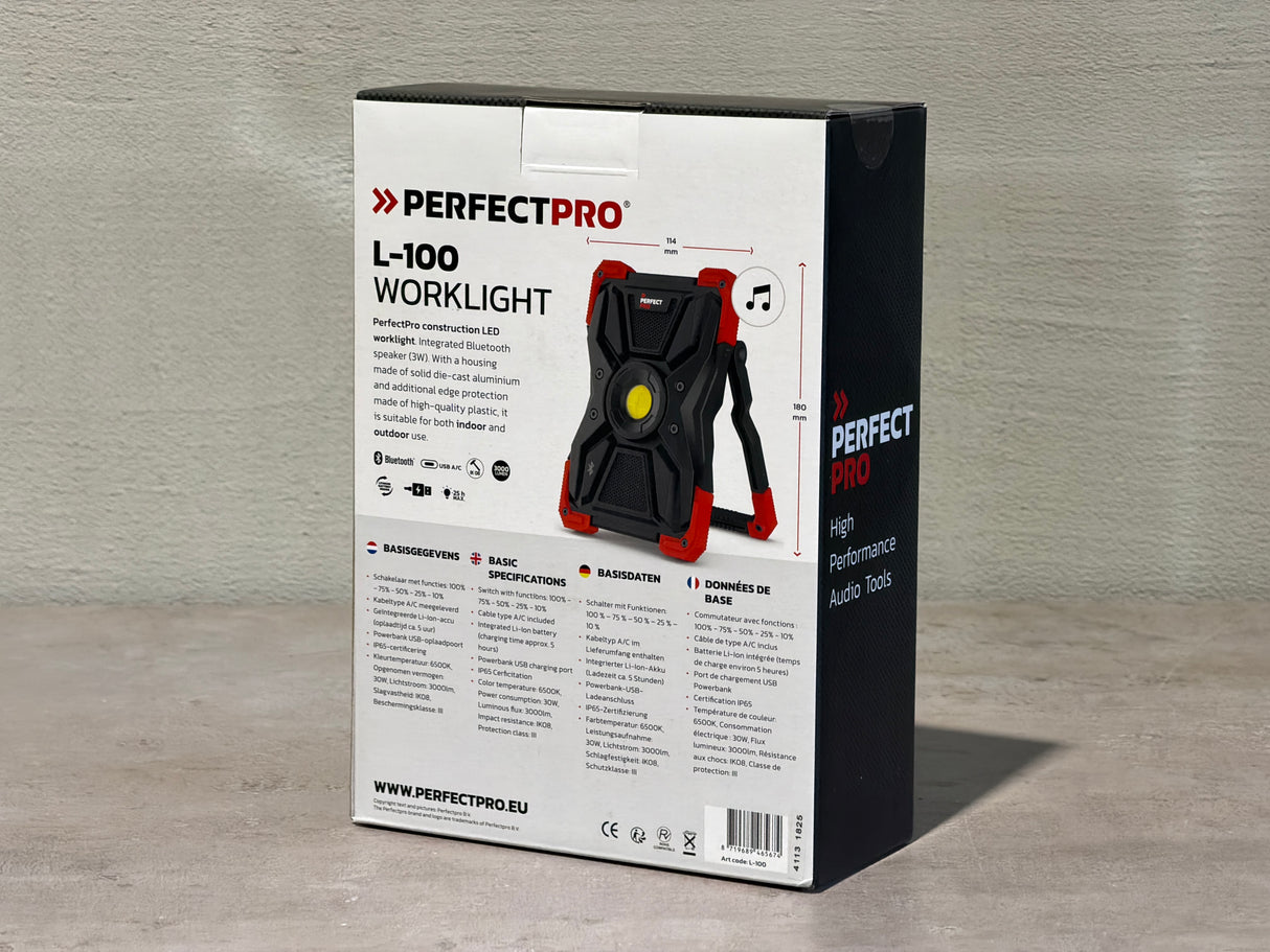 PerfectPro Akku-LED-Strahler mit Bluetooth-Lautsprecher, USB-C - L-100