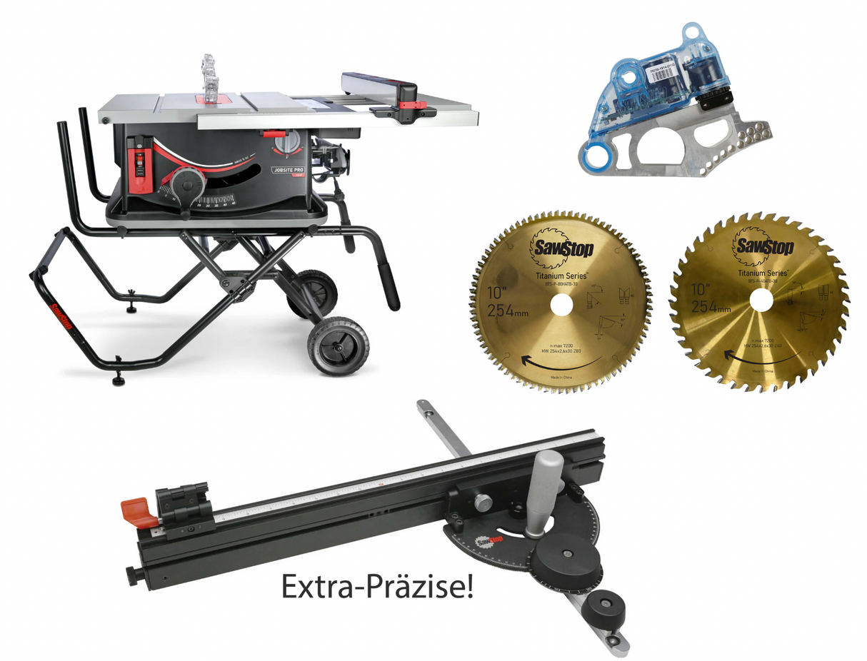 BUNDLE: SAWSTOP mobile Baustellen-Tischkreissäge, 80mm Schnitthöhe + PROFI Gehrungs-Winkelanschlag + Zubehör