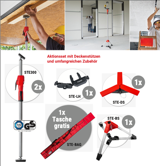 SET: Bessey 2x Decken- und Montagestütze mit Pumpgriff (1700-3000mm) + 1x Tasche + 1x Laserhalter + 1x Baustativ - STE300-SET