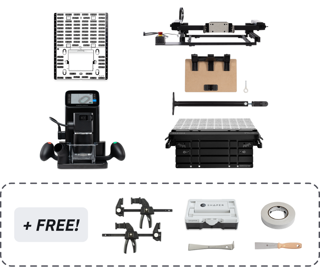 SET: Shaper Origin + Benchpilot + Workstation + Werkstückträger-Upgrade-Kit + Plate + Kantenanschlag