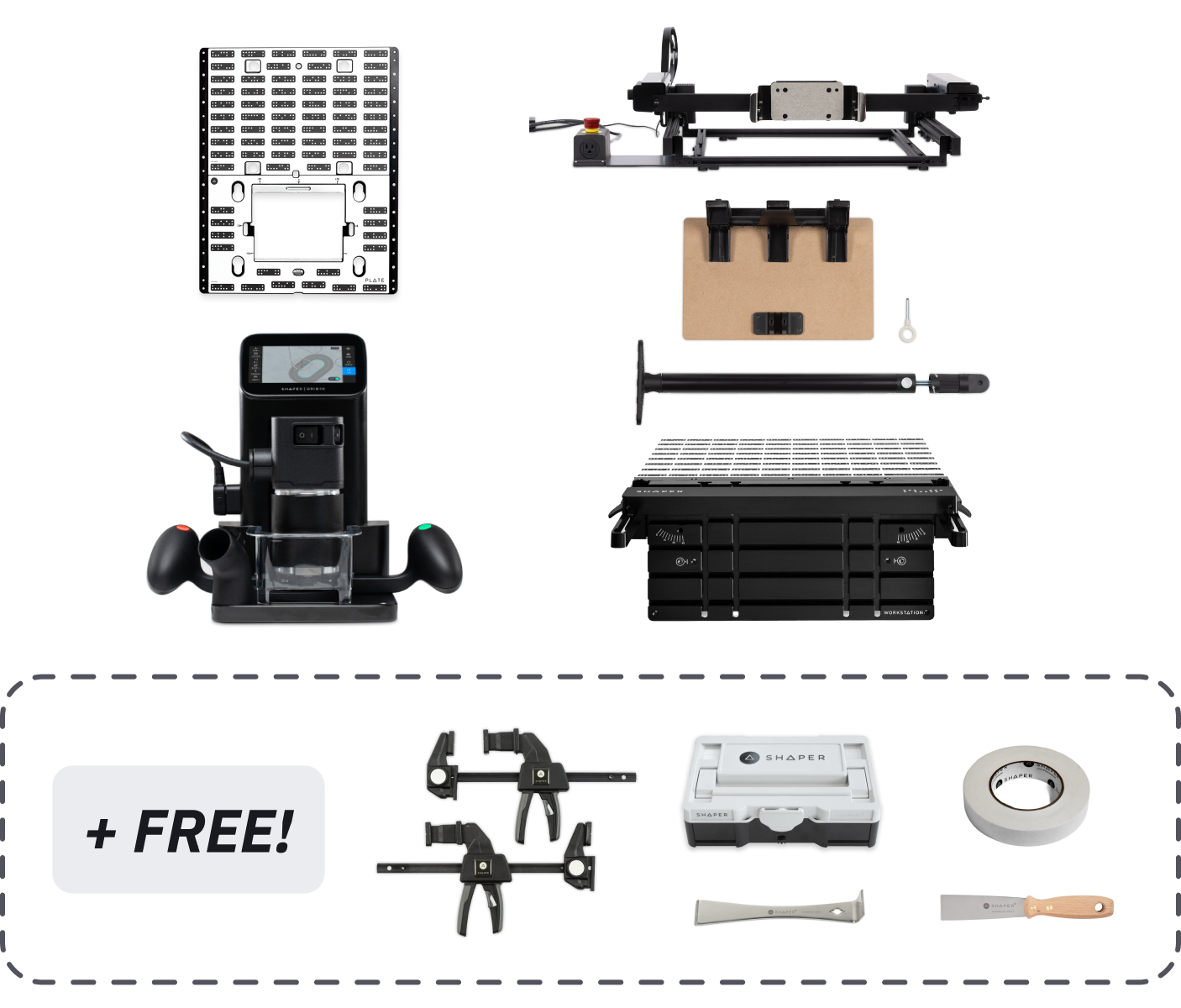 SET: Shaper Origin + Benchpilot + Workstation + Werkstückträger-Upgrade-Kit + Plate + Kantenanschlag