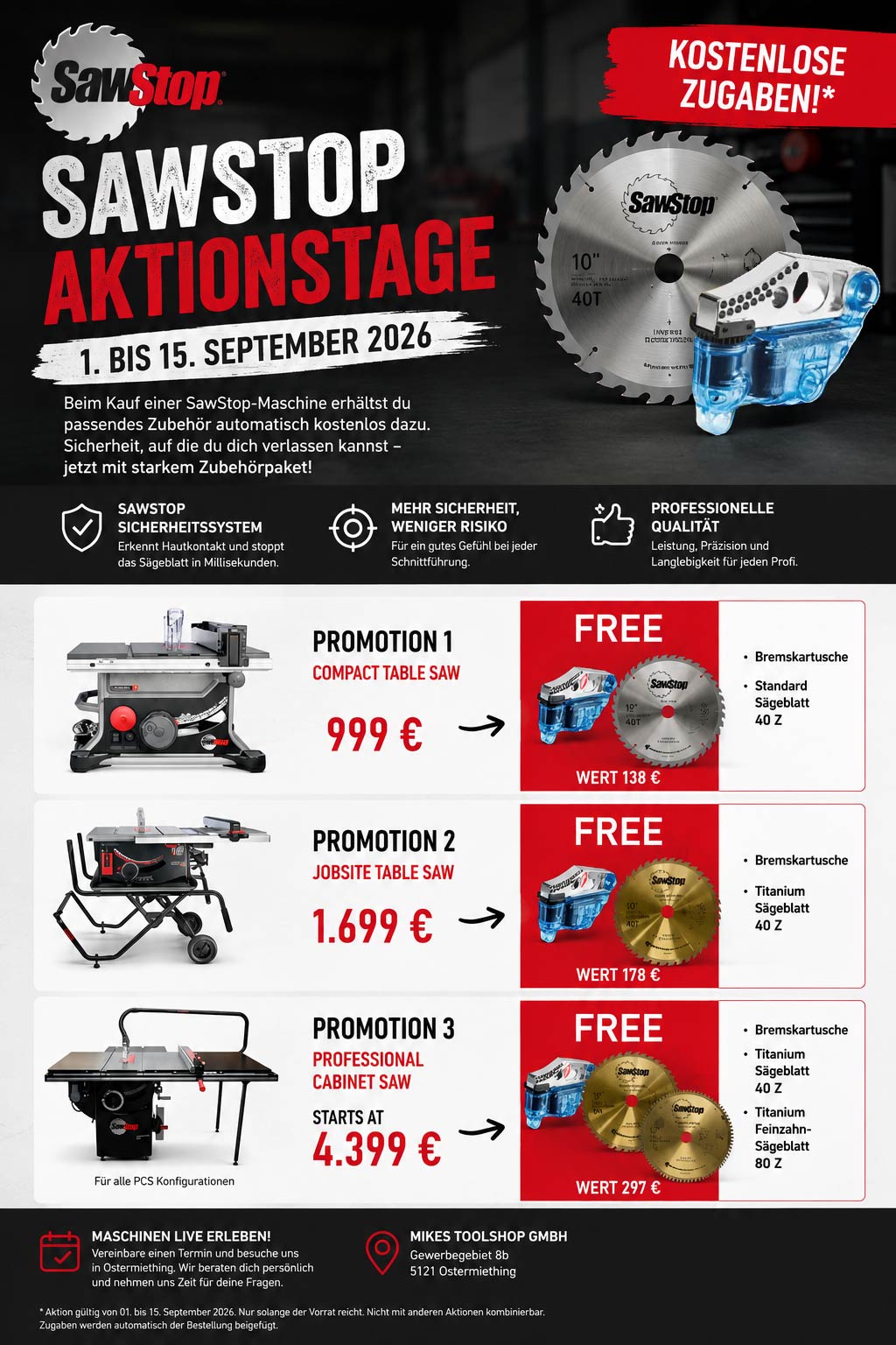 AKTIONS-SET: SAWSTOP mobile Baustellen-Tischkreissäge, 80mm Schnitthöhe + Winkelanschlag