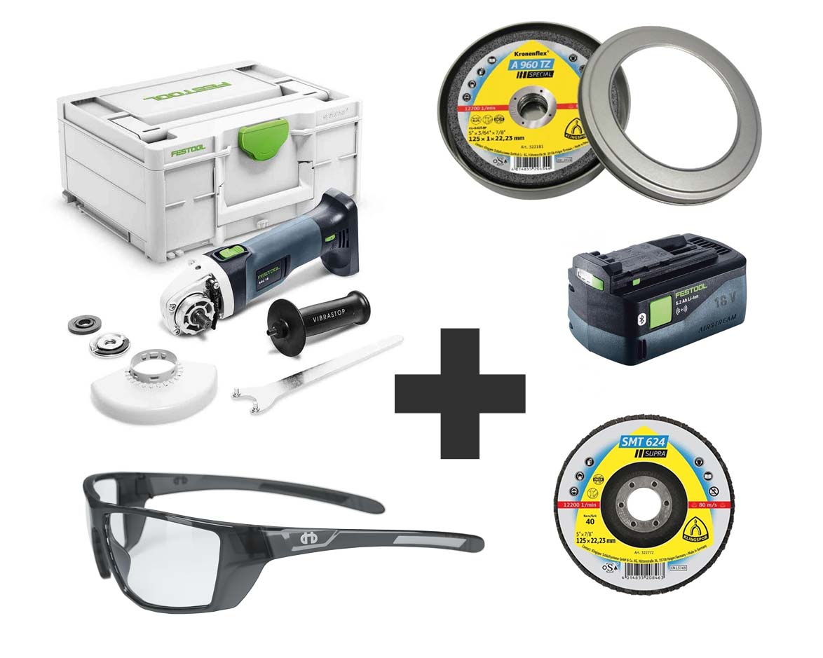 BUNDLE: Festool Akku-Winkelschleifer AGC 18-125 Li EB-Basic + 5.0Ah Akkupack + Trennscheiben + Schleifscheibe