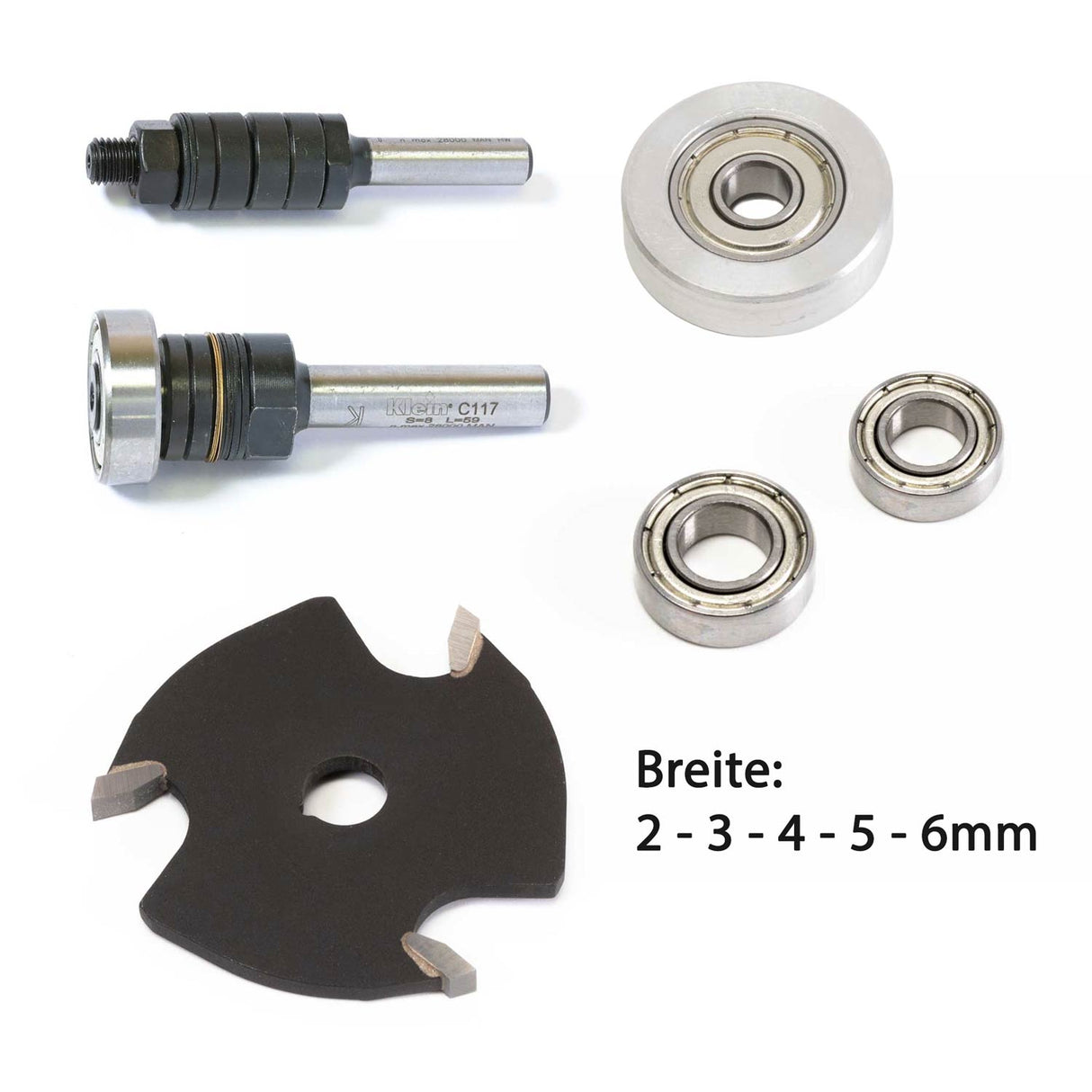BUNDLE: HW Scheibennutfräser-Set mit Anlauflager und Schäfte 2-3-4-5-6mm, Ø 47mm - Bohrung 7,94 mm - dreischneidig
